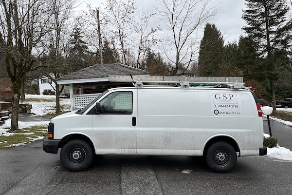 GSP Services' on-duty vehicle in which plumbers ride to repair water damage and repair after flooding